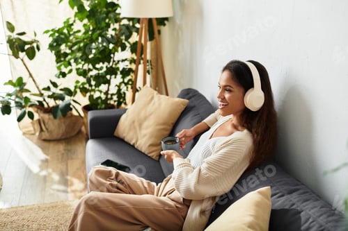 Preview: Woman enjoying a relaxing moment with headphones and a cup of coffee in a peaceful living room