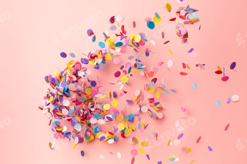 Preview: Colorful confetti on pastel pink background. Bright and festive holiday background.