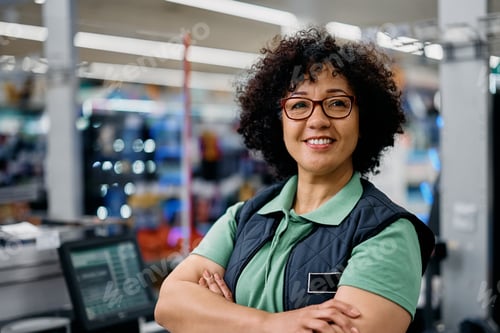 Preview: Portrait of confident supermarket employee at the checkout.