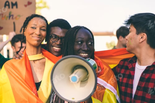 Preview: happy young multi ethnic group of people at the gay parade