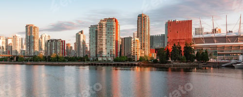 Preview: False Creek in downtown Vancouver, British Columbia, Canada. Panorama. Sunrise
