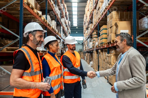 Preview: Logistics manager shaking hands with warehouse workers
