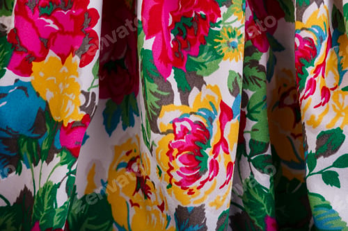 Preview: Texture Of A Fabric In A Flower. Close Up Of Retro Tapestry Fabric Pattern With Classical Image Of