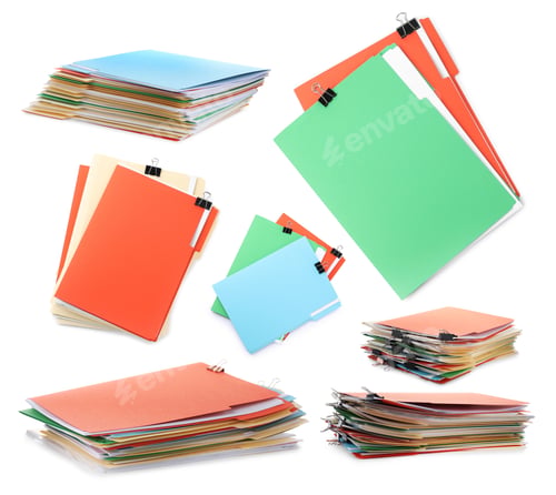 Preview: Documents in colorful file folders with binder clips isolated on white, set
