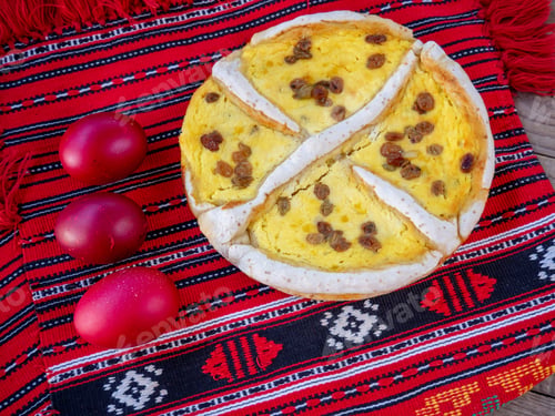Preview: Easter eggs and traditional Romanian cheese and raisins pie on a red cloth with an ethnic pattern