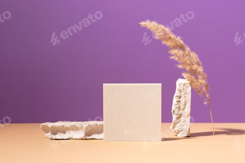 Preview: Creative geometric podium, bright sunlight and shadows purple background, gothic style, mockup