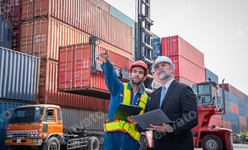 Preview: Container yard manager with safety hat talking to foreman.