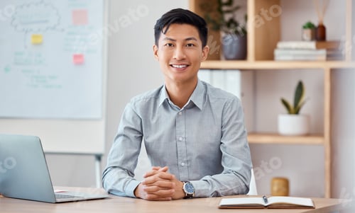 Preview: Asian businessman, portrait and desk in startup agency working, consulting and planning as marketin