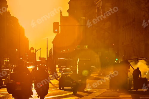 Preview: Pollution in Madrid city center. Streets at sunset. Travel Spain