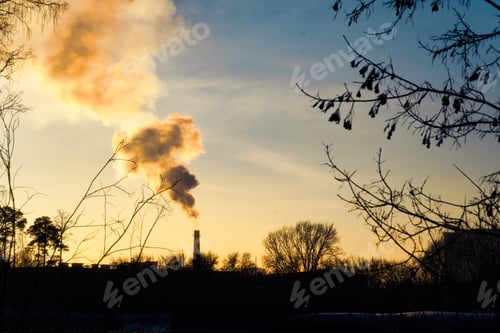 Preview: Industrial chimneys releasing smoke over trees during sunset