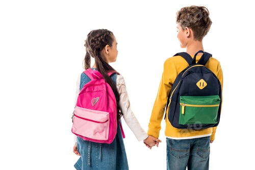 Preview: back view of schoolchildren with backpacks holding hands isolated on white