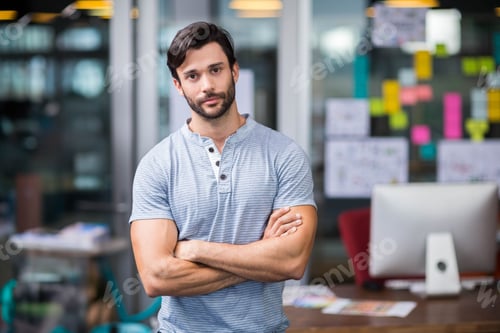 Preview: Man standing with arms crossed in open-plan office near sticky notes sketches on glass partitions