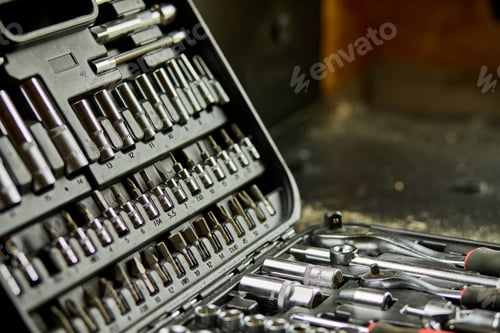 Preview: Open set box with working tools different types
