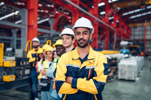 Preview: Portrait of team engineering employees standing in an industrial.
