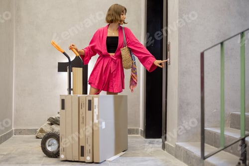 Preview: Woman carries parcels on a pushcart at hall building