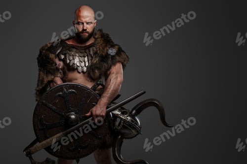 Preview: Viking man in a beard and bald head against a gray background
