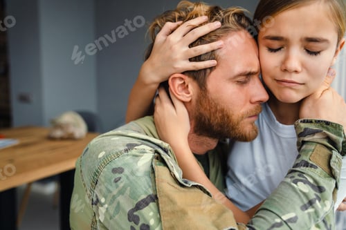 Preview: Masculine military man hugging her crying daughter while kneeling