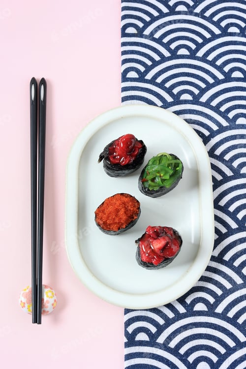 Preview: Top View Gunkan Sushi Japanese Food on Oval Plate