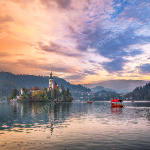Preview: Astonishing sunset view of popular tourist destination Bled lake.
