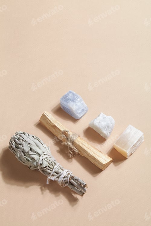 Preview: Palo Santo sticks, dried sage and crystals. esoteric life balance concept.