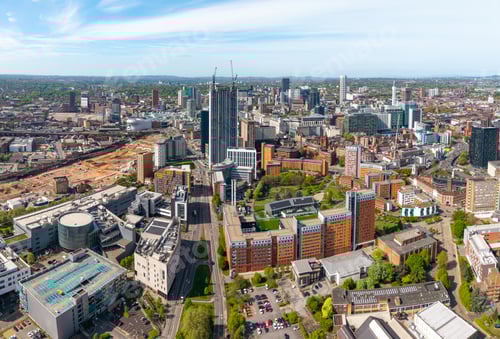 Preview: Aerial panorama view of a Birmingham city centre cityscape skyline