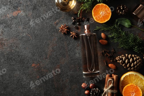 Preview: Composition with bottle of perfume and ingredients