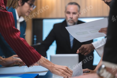 Preview: diverse business team leader discuss financial paperwork, Smart businessman and businesswoman