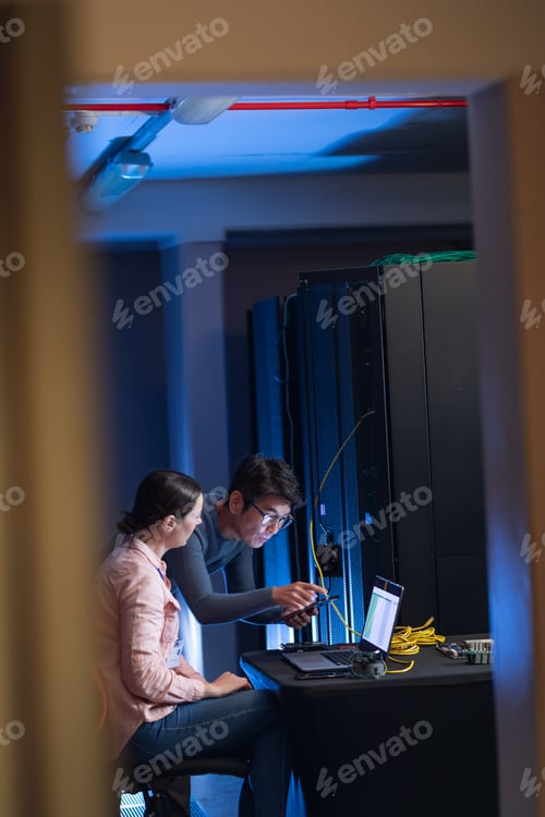 Preview: Diverse male and female engineers using smartphone and laptop in computer server room