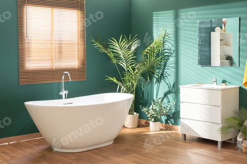 Preview: Modern bright bathroom with green walls, wooden floor, plant and window
