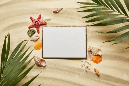 Preview: top view of green leaves near blank placard and seashells on sandy beach