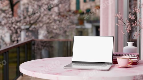 Preview: White screen laptop with coffee and books on round marble table at balcony aside a pink flower tree.
