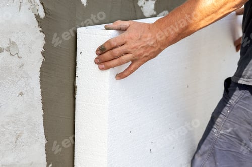 Preview: Insulation of facade wall with styrofoam sheets. Polystyrene insulation boards with glue adhesive