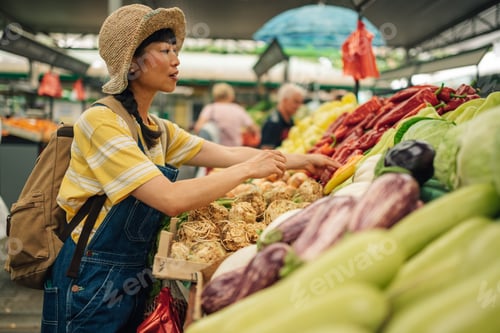 Preview: Young asian woman inspects fresh vegetables at outdoor produce stand.