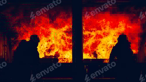 Preview: Fearless Firefighters Battling Blaze with Water and Extinguishers.