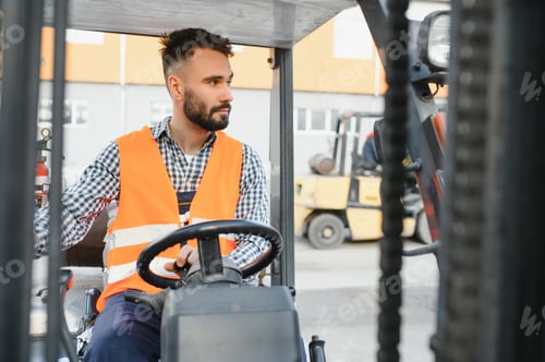 Preview: Man working at warehouse and driving forklift