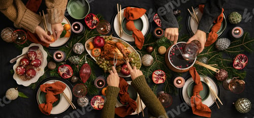 Preview: People feasting with chicken and hot wine at table