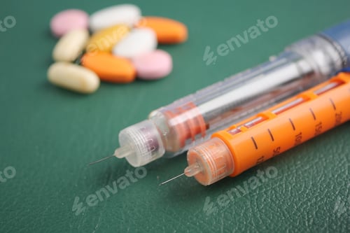 Preview: Insulin injection pen for diabetics and medical pills on table
