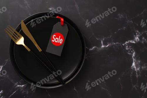 Preview: Black Friday restaurant scene. Top-view shot of plates, "sale" price tag