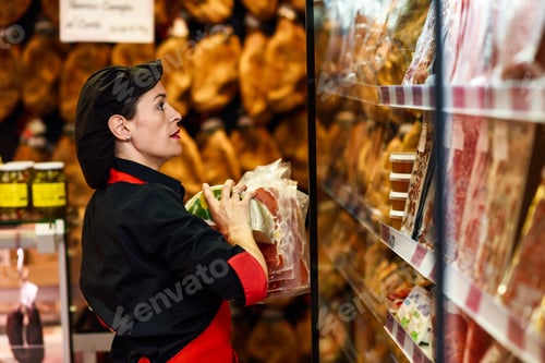 Preview: Portrait of female worker taking products in butcher shop