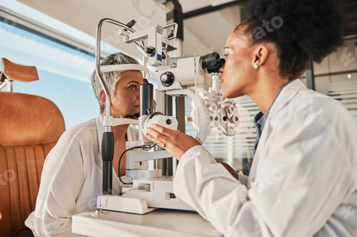 Preview: Senior eye exam, glaucoma specialist and medical eyes test of elderly woman at doctor consultation.