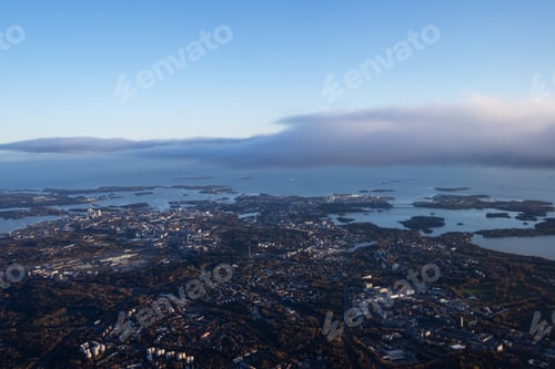 Preview: Part of the city of Helsinki and the Gulf of Finland from the plane window during takeoff