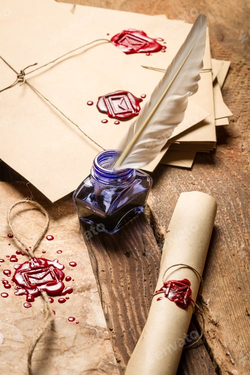 Preview: Closeup of blue ink and vintage envelope