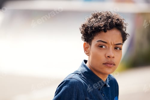Preview: Outdoor Head And Shoulders Portrait Of Young Woman In Urban Skate Park