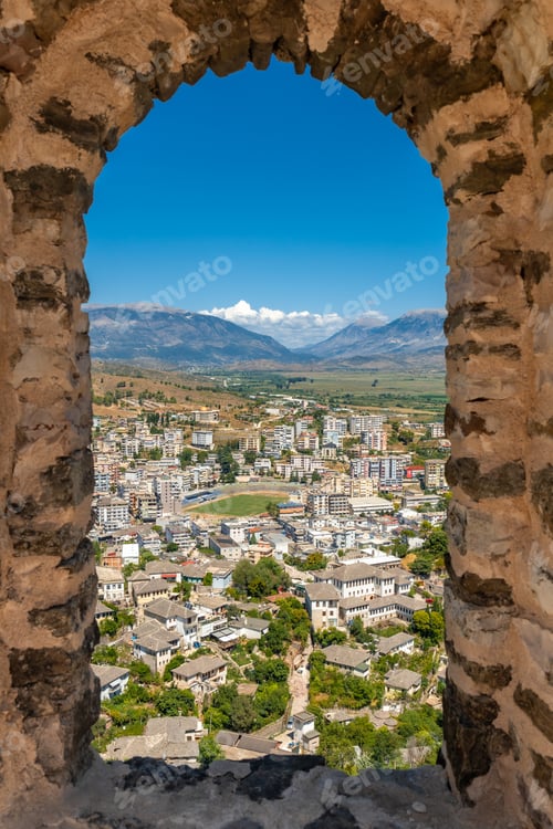 Preview: Looking over the city from a window of the Ottoman Castle Fortress of Gjirokaster or Gjirokastra