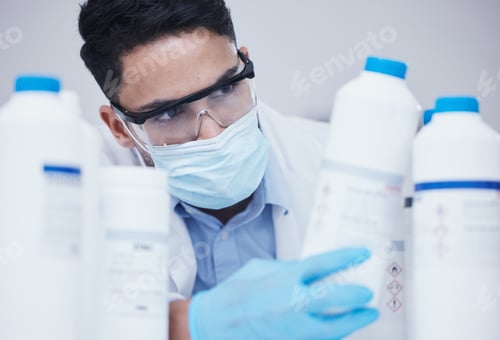 Preview: Container check, chemical bottle and man at scientist job with mask at pharmaceutical lab. Research
