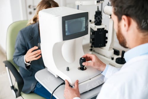 Preview: Male ophthalmologist checks a patient's vision at an opticians shop or ophthalmology clinic