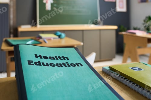 Preview: Closeup of Health Education Workbook Resting on Desk in Classroom Setting