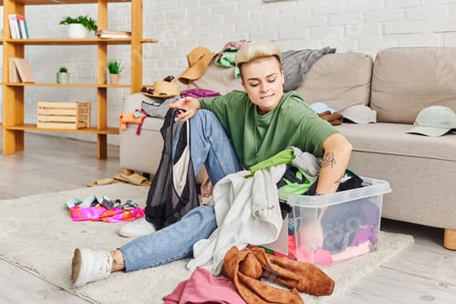 Preview: young woman sorting clothes in plastic container while sitting on floor near couch in living room