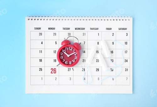 Preview: Flat lay composition with calendar, tampons and clock on blue background. Gynecology concept