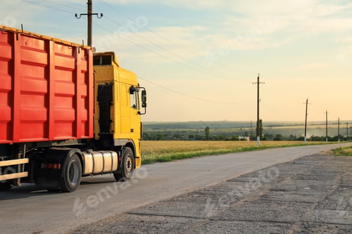 Preview: Modern truck on country road. Space for text
